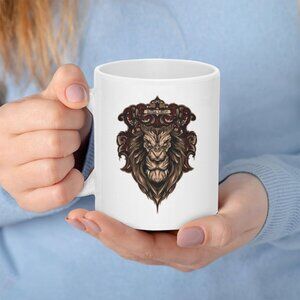 White Ceramic Mug with Detailed Lion Crest
